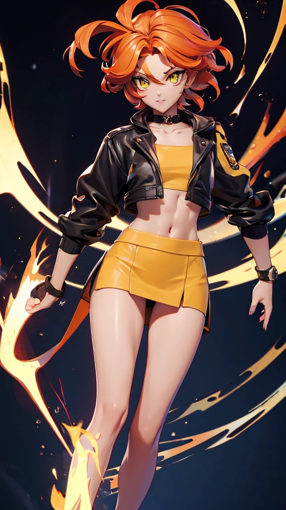 solo, 1girl, (masterpiece), ((16 year old appearance)), fire hair, short hair, ahoje, mohalk hair, small breasts, yellow eyes, ((detailed eyes)), (athletic body), (simple black cropped), Black jacket with red details, Looking at the screen, orange lipstick, (blurry background), flame effec, visible abs, small mini skirt, navel, (collarbone)