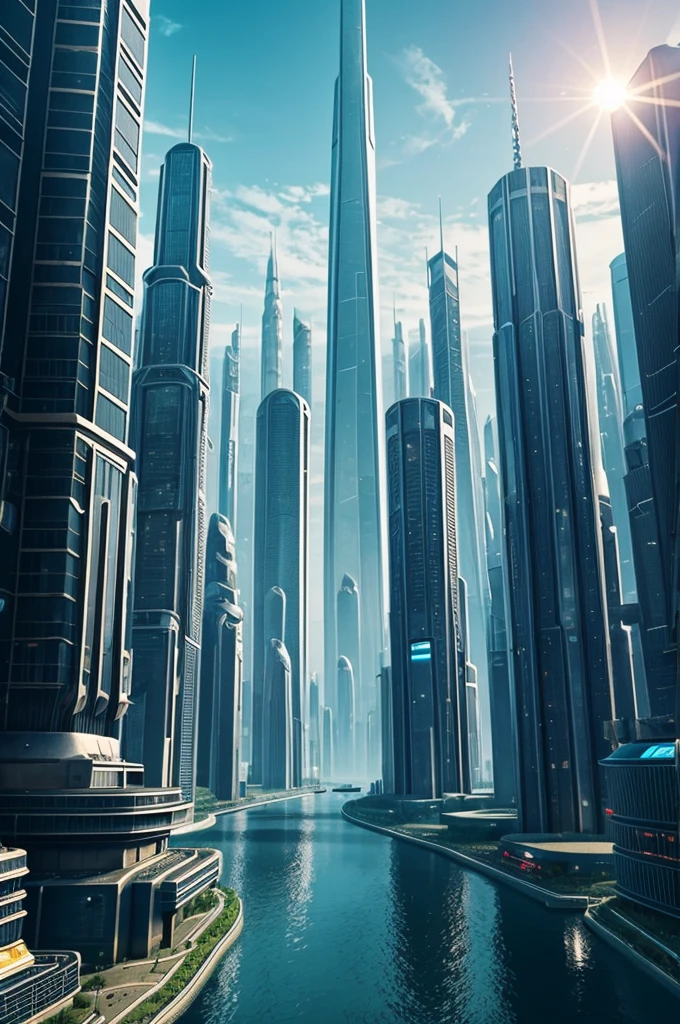 A futuristic city with robots from the year 3024