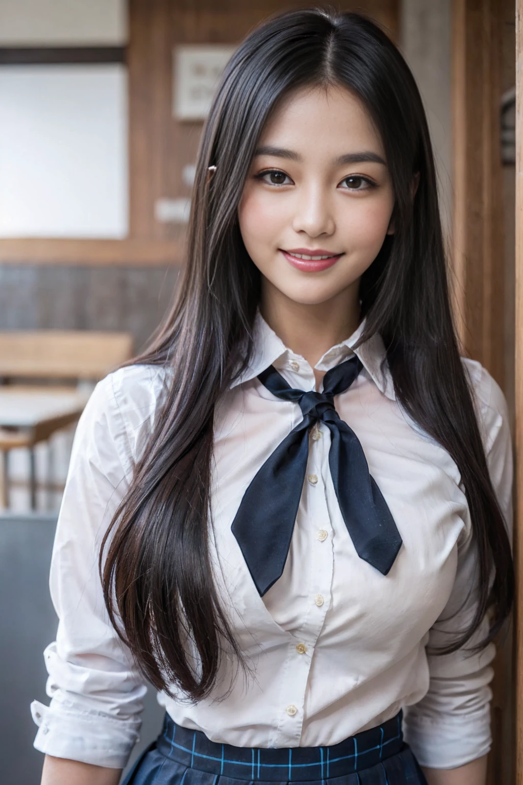 resolution, 1 girl, looking at the viewer,young beautiful japanese woman, super cute face, gorgeous appearance, big breasts,long bob hair,smile,(school uniform:1.3),beautiful eyes,(It&#39;s windy:1.3), Walking down a crowded street with a smile,glossy lips, double eyelids in both eyes, natural makeup, long eyelashes, Shiny and smooth light brown long bob hair, asymmetrical bangs, shiny skin, center image, High resolution, high detail, detailed hairstyle, detailed face, great movie lighting, octane rendering, lively, surreal, perfect limbs, perfect anatomy, Spreading hair、Slender beauty:1.4、((saggy breasts:1.4))、Breast exposed、slim abs、Narrow waist、(smile:1.2) 、(pleated mini skirt、Lift up the hem of your skirt:1.2))、Slender and long beautiful legs、Open your feet wide、(Sheer black stockings:1.2)、(lace panties:1.2、Beautiful pussy exposed、Kupaa、pussy creampie、pubic hair:1.1)、(from below:1.2)、Backlight、