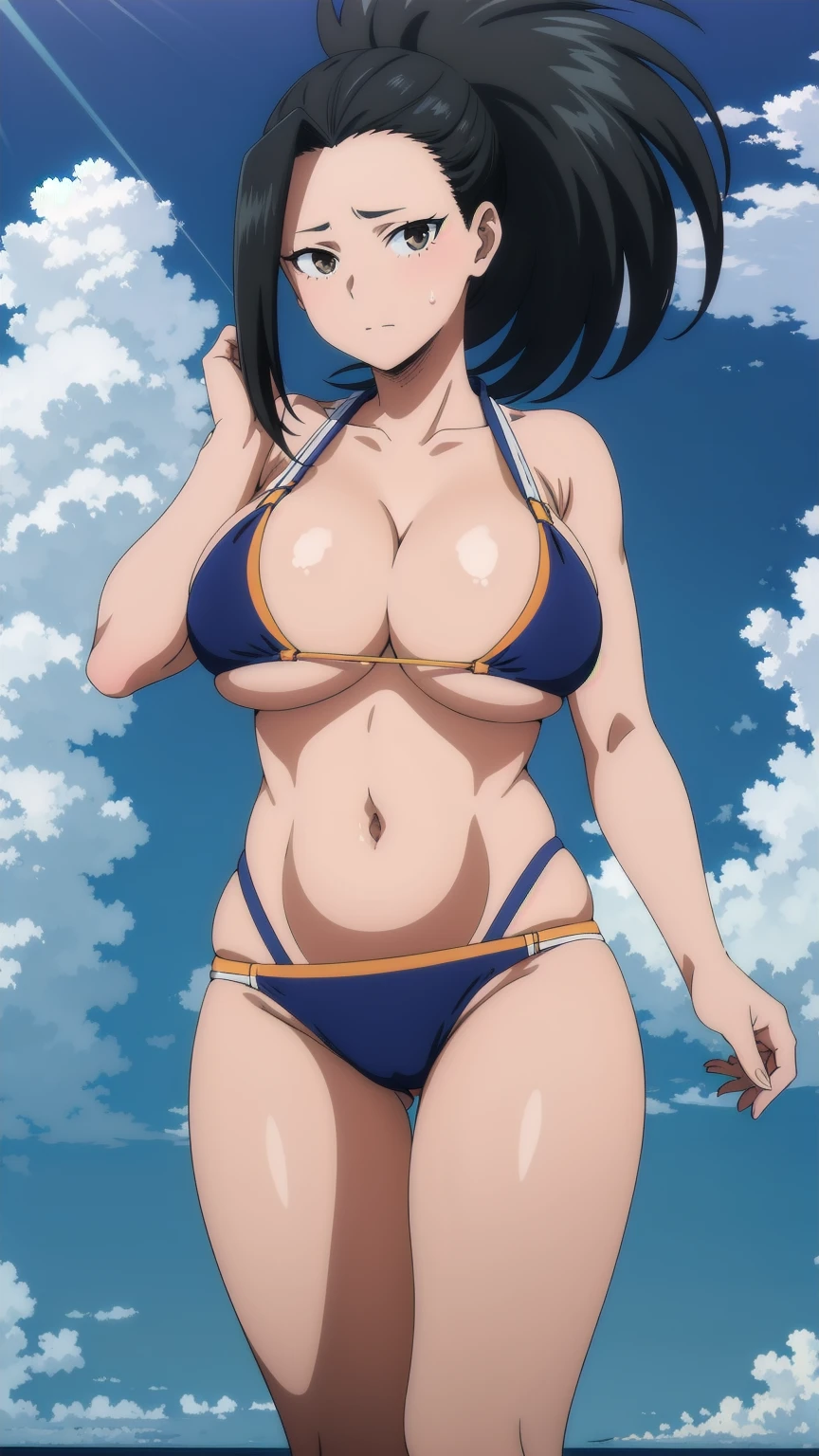 Highest quality, High resolution, One Girl, yaoyorozu momo, Black Hair, ponytail, Pulling the hair back, Iris, 
A sexy look for the camera, looking at the viewer, blue theme, blue background, cloudy sky, sunlight, sweat, orgasmic, bikini swimsuit, large breasts, Huge Breasts,cleavage, belly button exposed, collarbone, thighs, sea and beach,