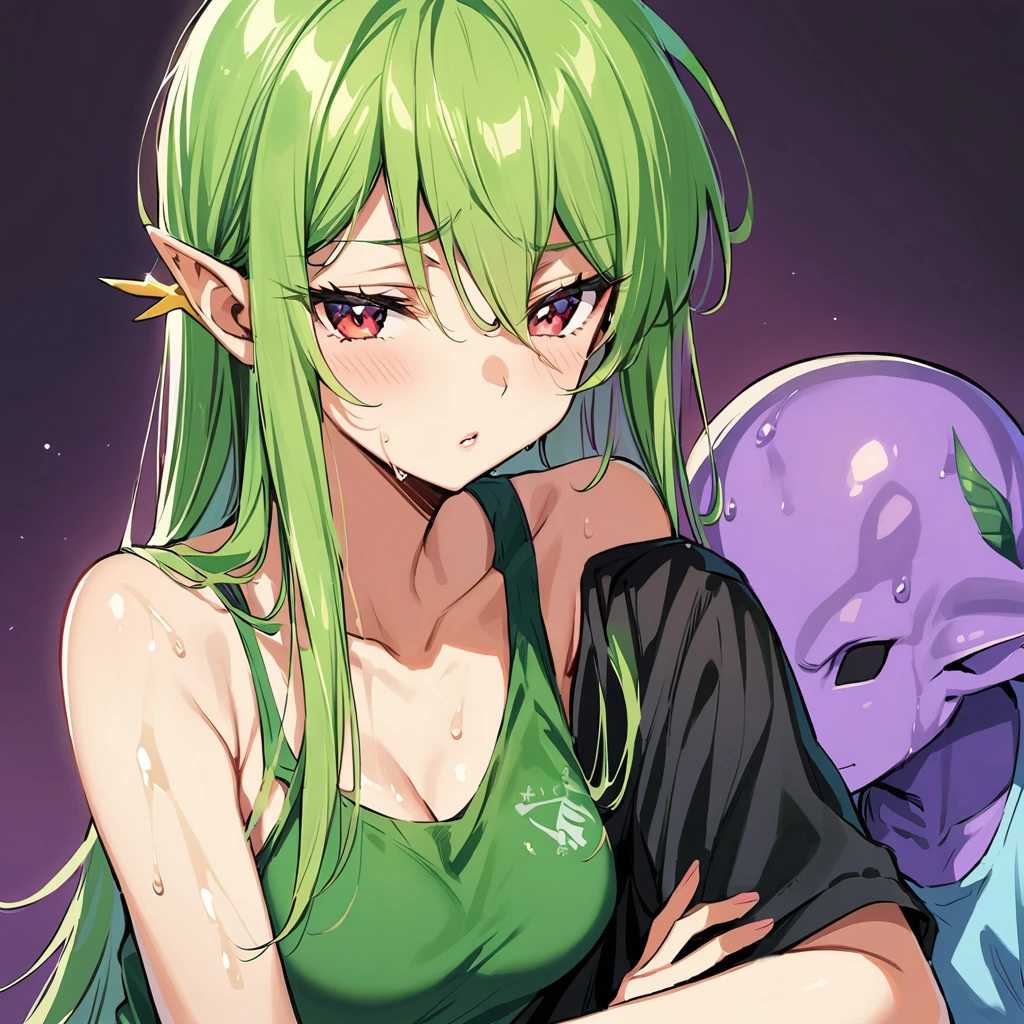 Femme extraterrestre, peau verte, detailed screwing, oreilles pointues d'elfe, yeux noir et jaune ,col roulé sans manche t-shirt cour, dark purple wet hair 