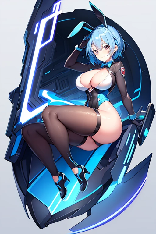 1girl, blue hair, large breasts, bunny ears, rabbit ears, thick thighs, mature female, bodysuit, black bodysuit, short hair, very short hair, science-fiction, tech, futuristic, machinery, full body, ((full body)), smile, cute face