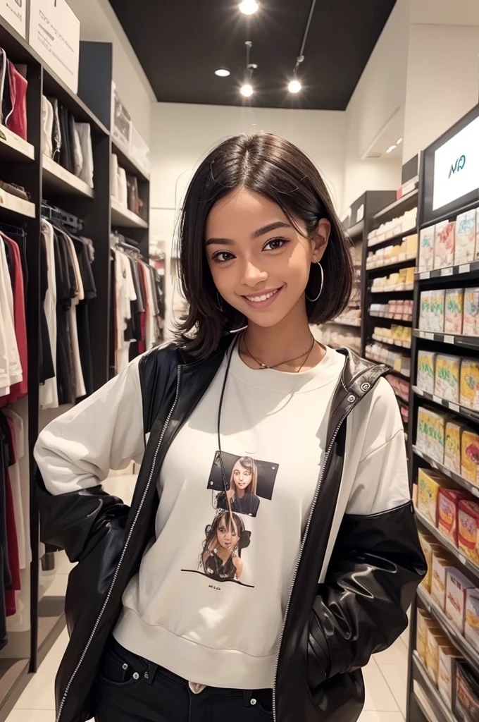 I need you to create a person with a trap drip for a store profile on Instagram. This person must be looking at the camera and looking very stylish like a model and smiling