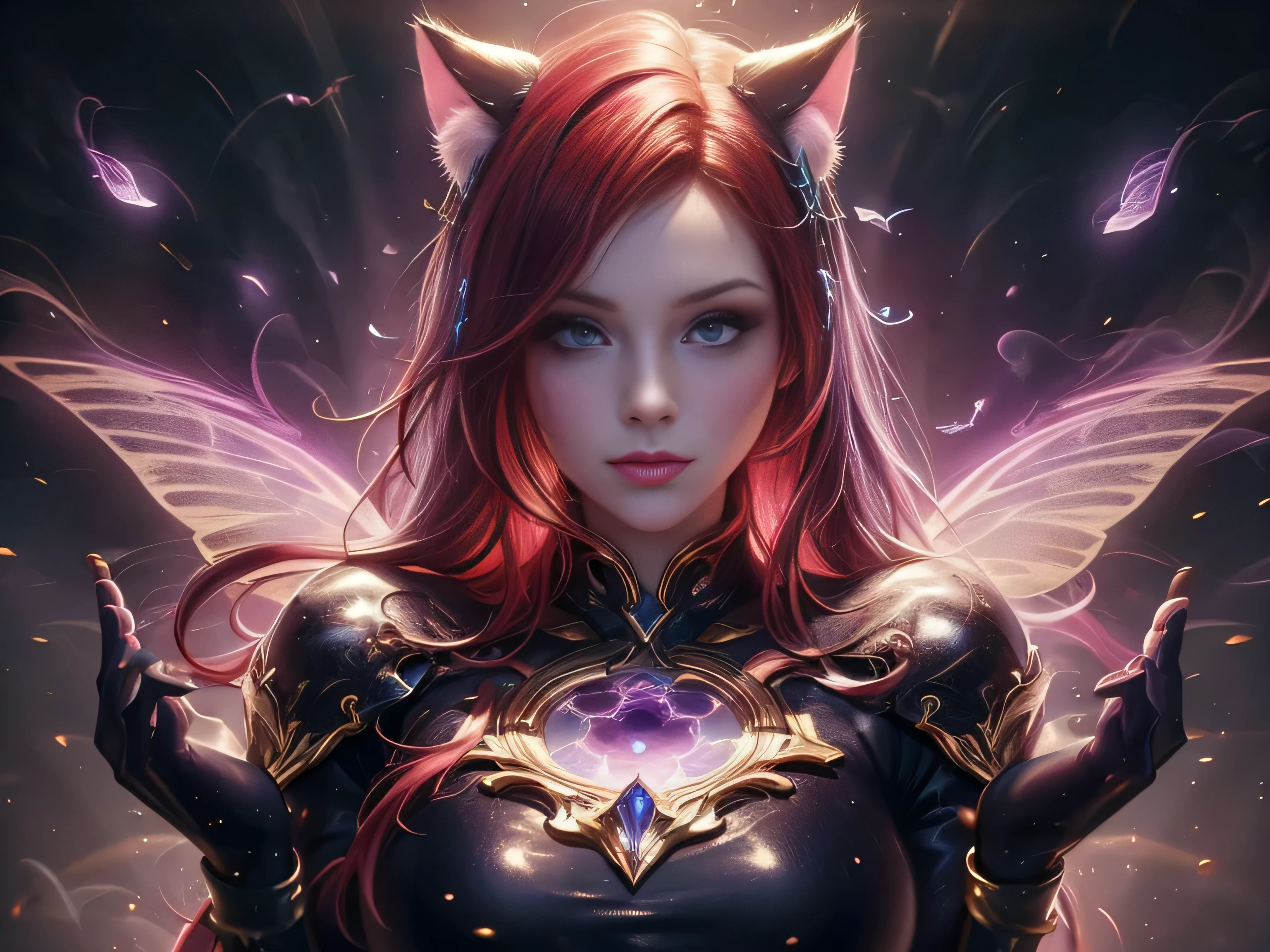 (Best Quality, 8K, Masterpiece, HDR, Soft Lighting, Picture Perfect, Realistic, Vivid), Cat Girl (1.0), Cat Girl with Red Hair and brown eyes and Sexy Revealing Clothes, Pink Bodysuit with Glitter Texture, Beautiful Anime Fantasy, Very beautiful and cute cat girl, large pink butterflies fly around, background blur, anime fantasy, work in Gouves style, realistic: 1.37, top view, red cat girl lies in blue flowers, large pink butterflies fly around, horizontal view, (Ultra High Quality Fantasy Art), Masterpiece, Female Model, Ultra High Quality Female Character Designs, Detailed 8k Anime Art, Realistic Anime Art, Highest Quality Wallpapers, Intricate Ultra High Quality Accurate Female Character Faces, High Quality Designs and Accurate Physics (Fantasy - Ultra High Quality) quality) quality)) art), dark fantasy style), masterpieces, super high-quality characters, anime resolution - 8K, realistic anime art, wallpaper with the highest quality illustrations, ultra-high detail of faces, high-quality design and accurate physics), color, depth of field, shadows, ray tracing, high quality workmanship. -high quality and 8K resolution, (Accurate simulation of the interaction of light and materials)], [High-quality hair detail [More about beautiful and shiny red hair]], (Beautifully detailed hands [perfect fingers [Perfect nails]]], (perfect anatomy (perfect proportions)))) [[Full-length]], [Perfect combination of colors (Accurate imitation of the interaction of light and material)], [art that conveys the meaning of the story](modified)