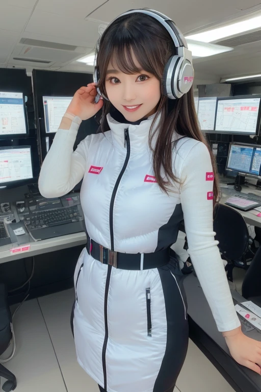 masterpiece, Highest quality, Very detailed, 8K Portrait,Japanese Android Girl,plump , Control panel,Robotic arms and legs, Blunt bangs,,break (Metallic Gray, Metallic luster, Mirror finish, Astro Best):5,headphone:5,break (Black sleeves):100,Smart Watches,Futuristic space station,Control Room,break headphone,blue eyes,(Black Hair):2,(Long Hair):1.3,Displaying the viewer,(respirator),break blush:3,Hidden Hand,smile