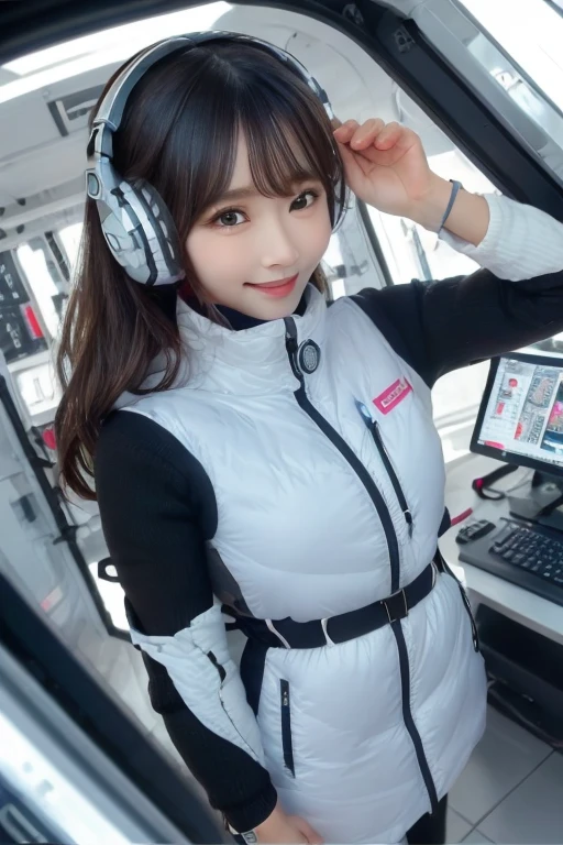 masterpiece, Highest quality, Very detailed, 8K Portrait,Japanese Android Girl,plump , Control panel,Robotic arms and legs, Blunt bangs,,break (Metallic Gray, Metallic luster, Mirror finish, Astro Best):5,headphone:5,break (Black sleeves):100,Smart Watches,Futuristic space station,Control Room,break headphone,blue eyes,(Black Hair):2,(Long Hair):1.3,Displaying the viewer,(respirator),break blush:3,Hidden Hand,smile