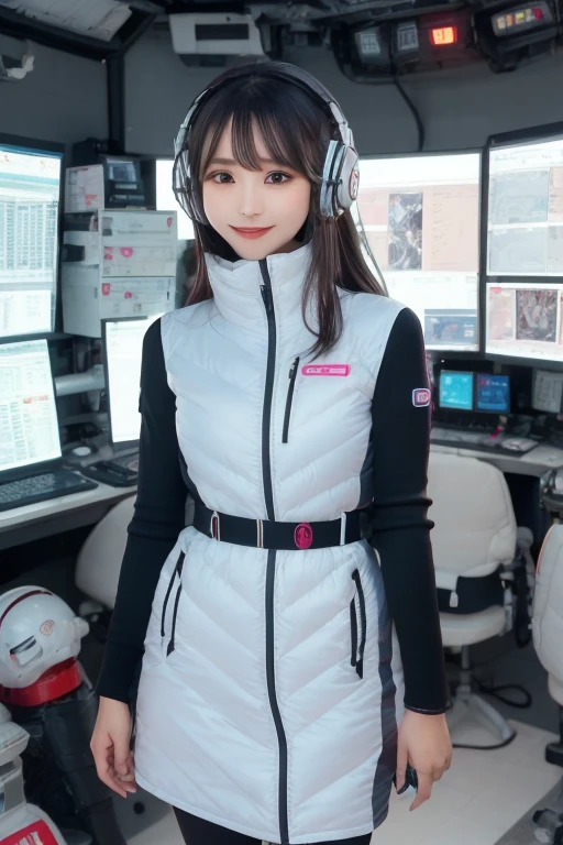 masterpiece, Highest quality, Very detailed, 8K Portrait,Japanese Android Girl,plump , Control panel,Robotic arms and legs, Blunt bangs,,break (Metallic Gray, Metallic luster, Mirror finish, Astro Best):5,headphone:5,break (Black sleeves):100,Smart Watches,Futuristic space station,Control Room,break headphone,blue eyes,(Black Hair):2,(Long Hair):1.3,Displaying the viewer,(respirator),break blush:3,Hidden Hand,smile