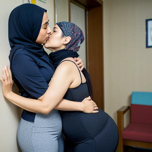 2woman,45 years Old, Hijab Indonesian mature woman, Big : 12.9, bikini suit,curvy body, full body, sharing lustful kiss, hug and groping bteas, professional shot, at doctor office.