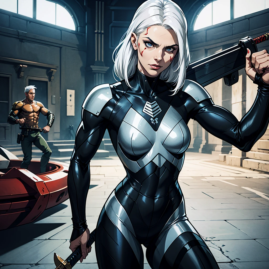 Strong woman, battle suit, white hair, small tattoo on left cheek, Fleming sword, tall, fighting demons, 