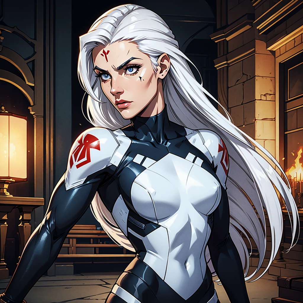 Strong woman, battle suit, white hair, small tattoo on left cheek, Fleming sword, tall, fighting demons, 