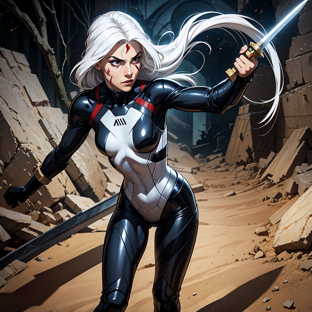 Strong woman, battle suit, white hair, small tattoo on left cheek, Fleming sword, tall, fighting demons,