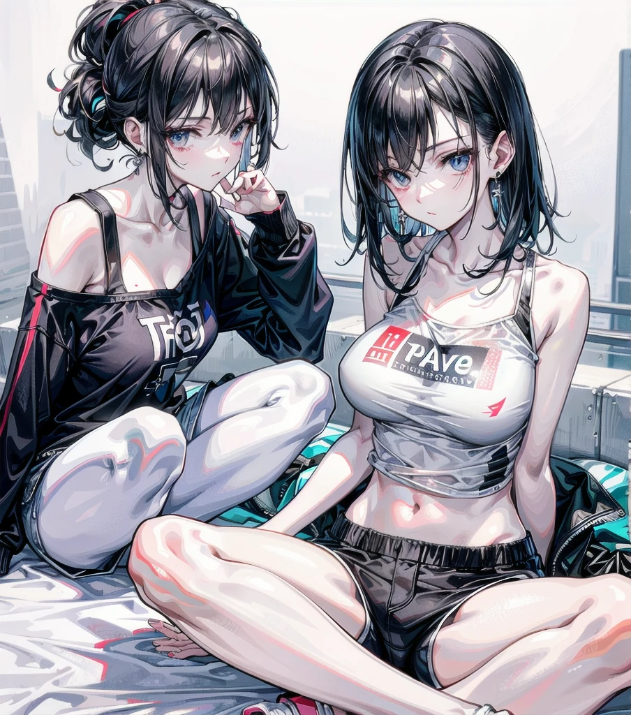 (full body), RAW photo, extremely delicate and beautiful, masterpiece, Best Quality, ultra high resolution, 16k, hyperrealistic, realistic, photorealistic, photo-realistic, ultra-detailed, detailed description, pale skin, in her 20s, very Slim body, narrow waist, very small head, very small face, delicate facial features, ((big tits)), medium hair, black hair, tearful mole, earring, t-shirt, tank top, Hot Pants,