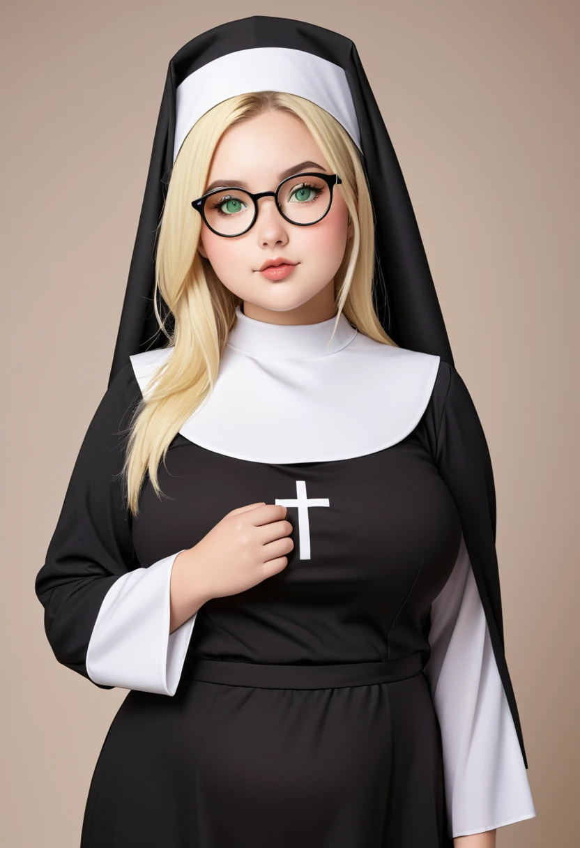 chubby girl, Blonde with green eyes, medium length hair, open forehead, without bangs, round facial features, glasses with black square frames
Костюм монахини, nun costume, bare thighs