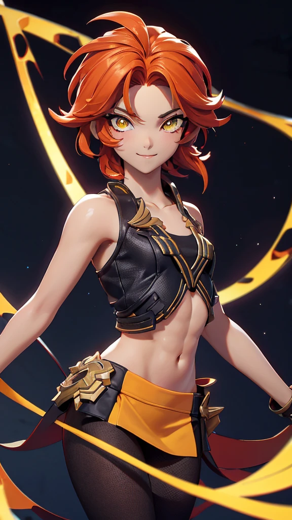solo, 1girl, (masterpiece), ((16 year old appearance)), fire hair, short hair, ahoje, mohalk hair, small breasts, yellow eyes, ((detailed eyes)), (athletic body), (simple black cropped), Black top with red details, Looking at the screen, orange lipstick, (blurry background), flame effec, visible abs, small mini skirt, navel, (collarbone), dark forest scenery
