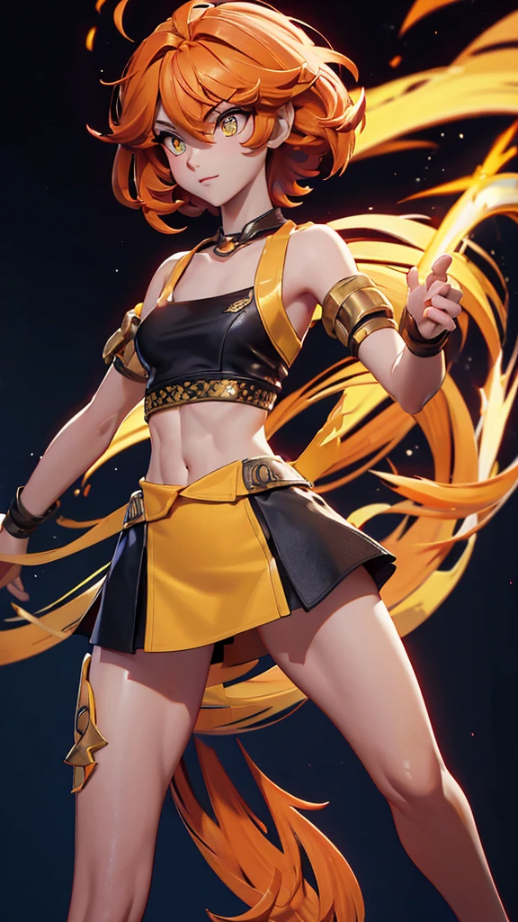 solo, 1girl, (masterpiece), ((16 year old appearance)), fire hair, short hair, ahoje, mohalk hair, small breasts, yellow eyes, ((detailed eyes)), (athletic body), (simple black cropped), Black top with red details, Looking at the screen, orange lipstick, (blurry background), flame effec, visible abs, small mini skirt, navel, (collarbone), dark forest scenery