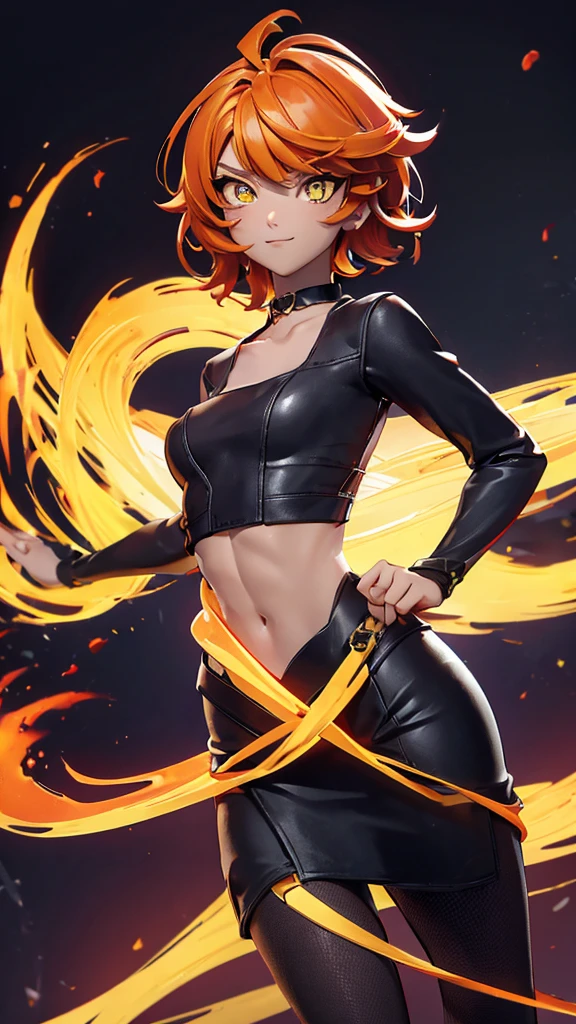 solo, 1girl, (masterpiece), ((16 year old appearance)), fire hair, short hair, ahoje, mohalk hair, small breasts, yellow eyes, ((detailed eyes)), (athletic body), (simple black cropped), Black top with red details, Looking at the screen, orange lipstick, (blurry background), flame effec, visible abs, small mini skirt, navel, (collarbone), dark forest scenery