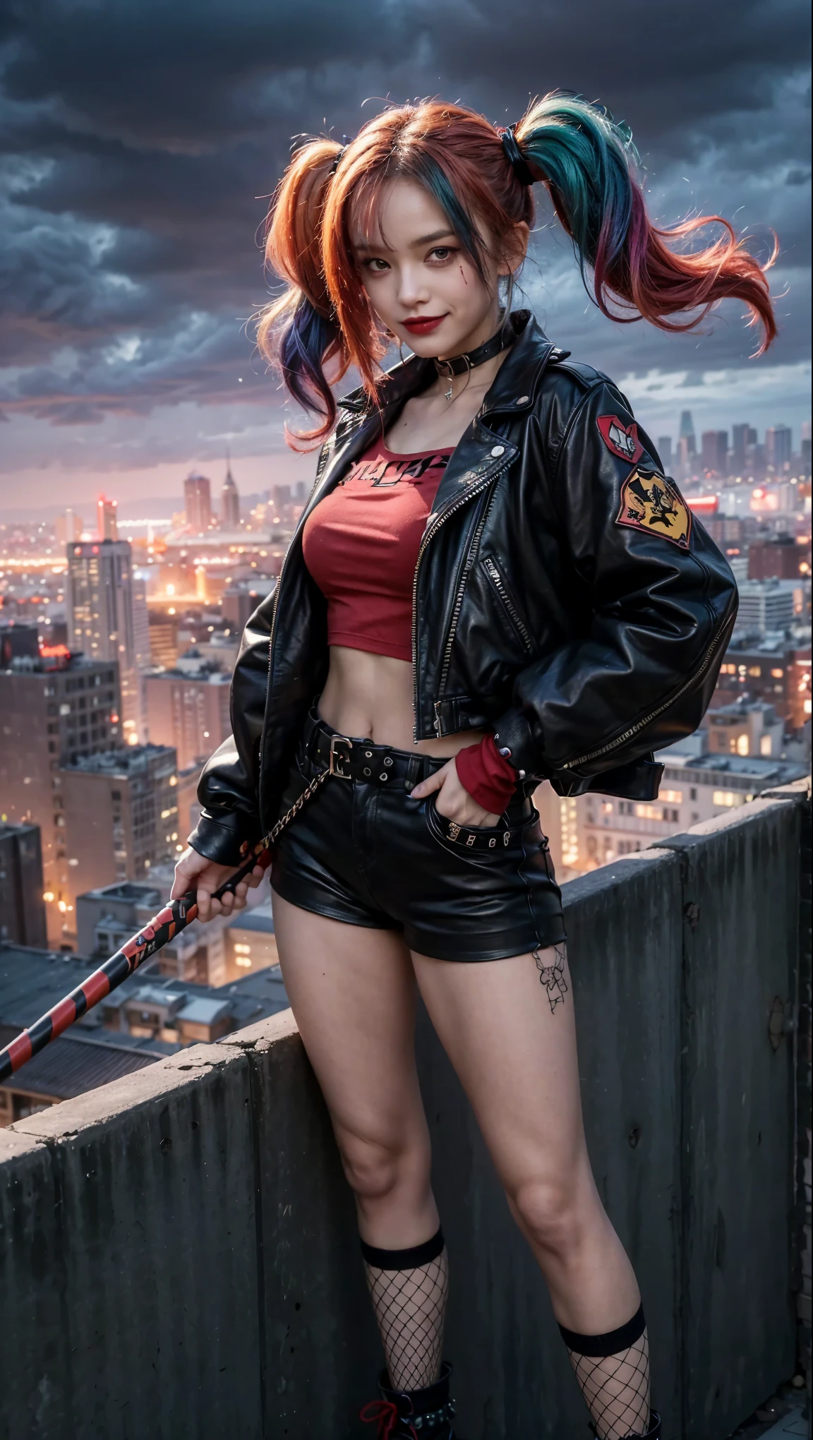 (masterpiece:1.3), (best movie quality:1.2), (medium:cartoon), (best quality),Harley Quinn standing on the roof of a city building,Dark and dramatic atmosphere,focus blur,city skyline in background,Dark clouds gather overhead,Vibrant and contrasting colors,ominous lighting,Red and black embellishments,Eye makeup smudge,Weird and naughty expression,Smiling threateningly,Holding a bat,Abandoned buildings,wind blown hair,Leather jacket and shorts,Fishnet socks,Punk fashion,The air is filled with secrets and mysteries.