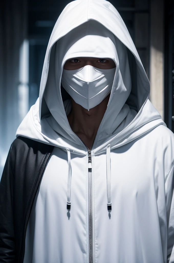 Hooded man with a white mask in the dark