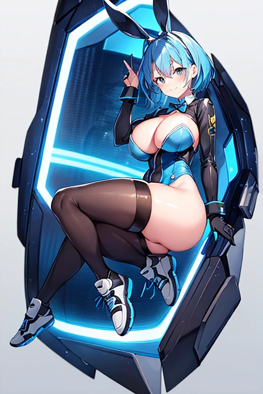 1girl, blue hair, large breasts, bunny ears, rabbit ears, thick thighs, mature female, bodysuit, black bodysuit, short hair, very short hair, science-fiction, tech, futuristic, machinery, full body, ((full body)), smile, cute face, sneakers, animal ear fluff