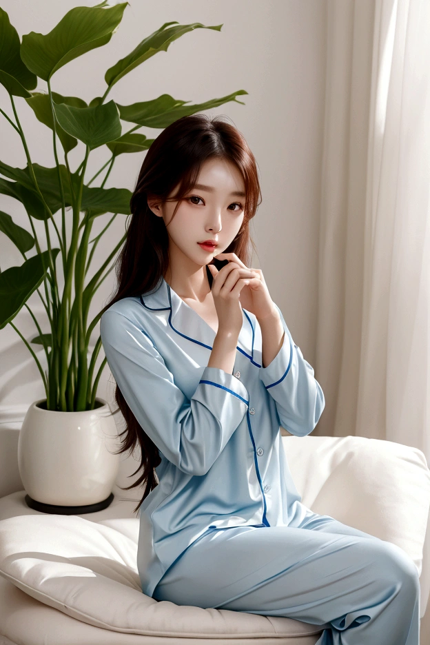 Woman sitting on a chair with a plant in a vase, cute and elegant pose, beautiful young Korean woman, Korean woman, gorgeous young Korean woman, Korean female fashion model, beautiful south Korean woman, lovely woman, Best Face, sitting in bedroom, Product introduction photo, milky skin, Korean woman, Take pictures in various poses, Wearing pajamas
