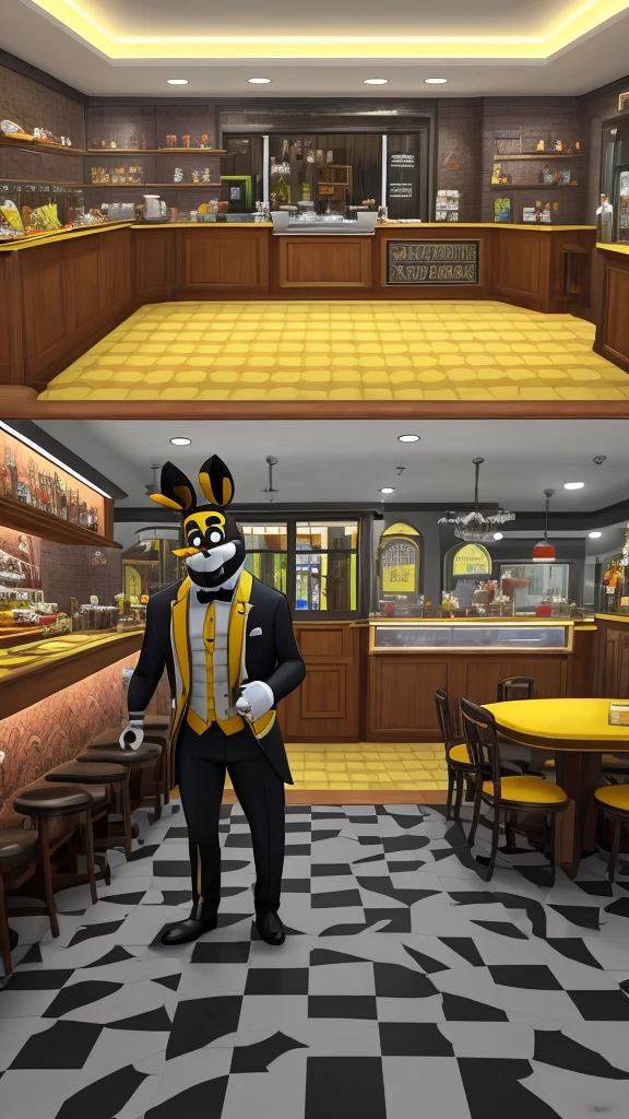 crie pizzaria do five nights at freddy's dentro da pizzaria.in the broker this broker the floor is in black and white checkered and the wall is clear and more or less in the middle is on the wall there is a black and white stripe in the broker there is a man he wears a yellow rabbit outfit he turns his back on his hand has a knife. there is senque in the knife and in the man there is a lot of senque he is laughing. and on the floor there is a senque path going to a door at the end of the broker man is in the odra hand he is holding a hand in front of him he has a body the body looks like and chop in terror style senque entuto