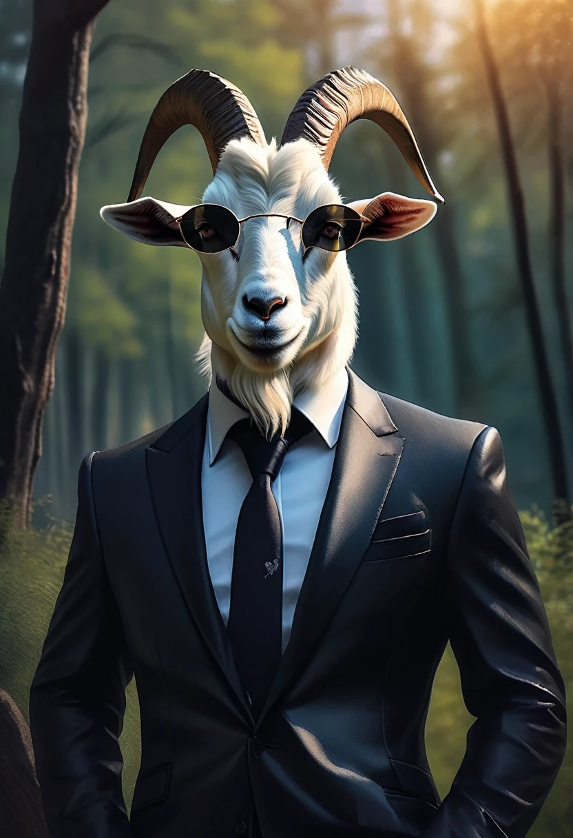 a goat in a black suit, wearing sunglasses,gentleman goat,furry art,oc character,drawing style,looking at landscape,forest background,high quality,detailed,cinematic lighting,cold color tones, professional artwork, masterpiece