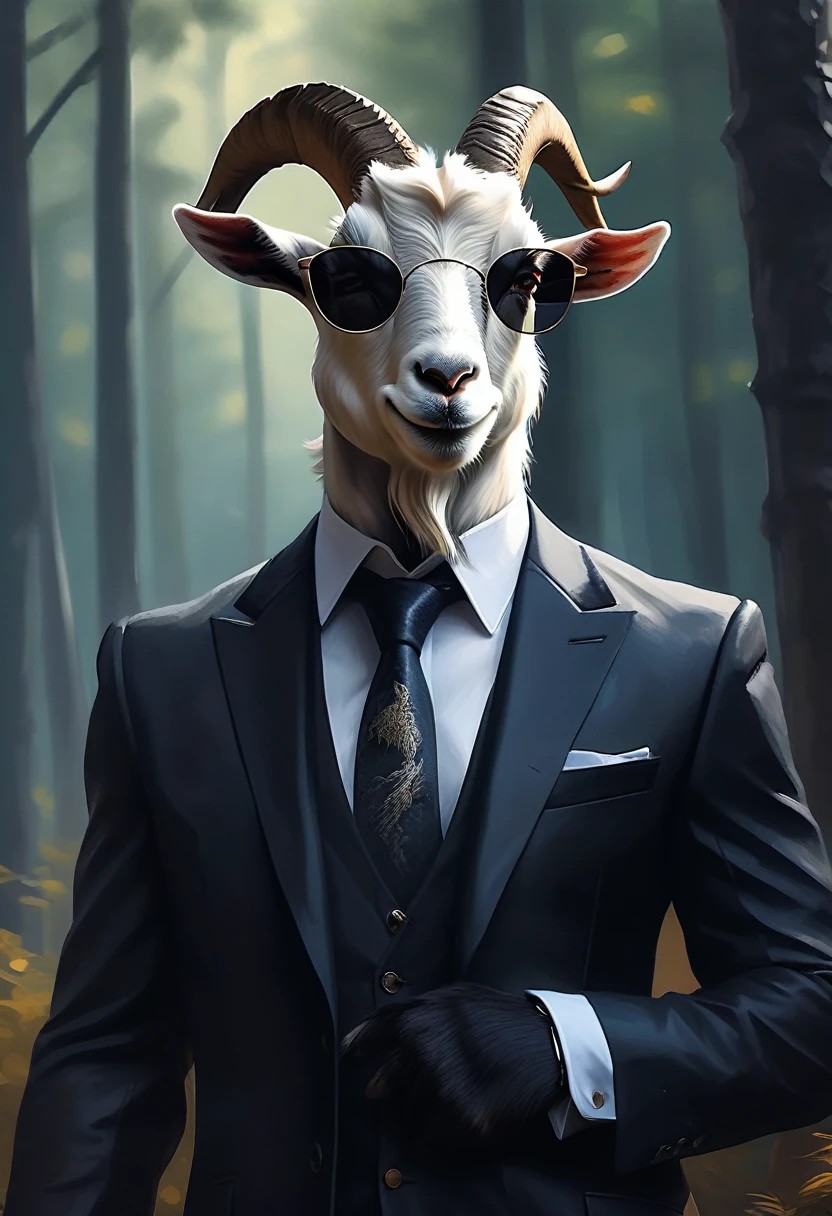 a goat in a black suit, wearing sunglasses,gentleman goat,furry art,oc character,drawing style,looking at landscape,forest background,high quality,detailed,cinematic lighting,cold color tones, professional artwork, masterpiece
