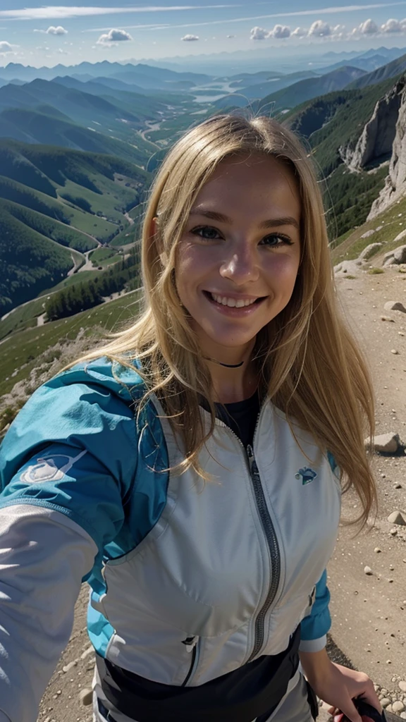 selfie , blonde , smile , avec main sur sa joue , appeased , at the top of a French mountain peak in hiking gear