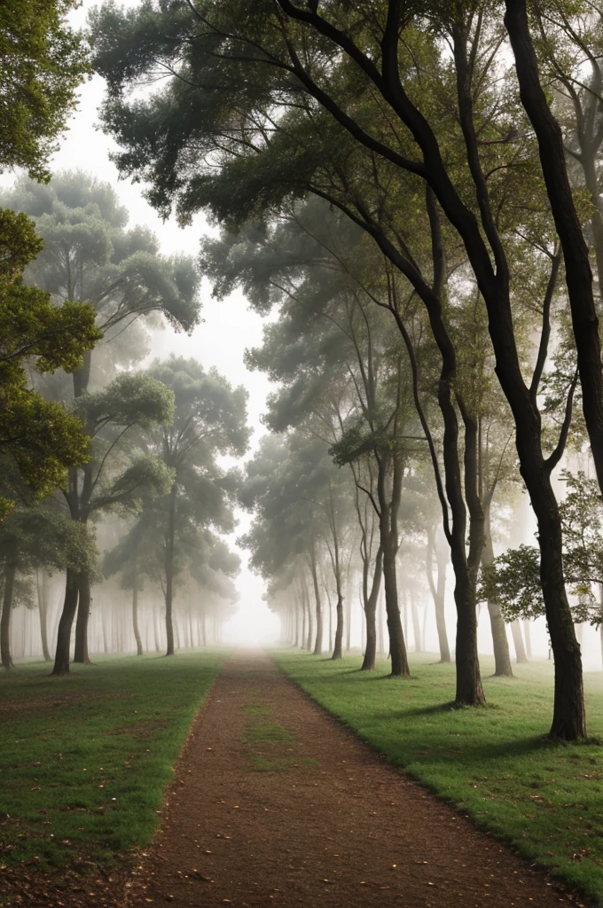 Bosque con niebla y bellos arboles