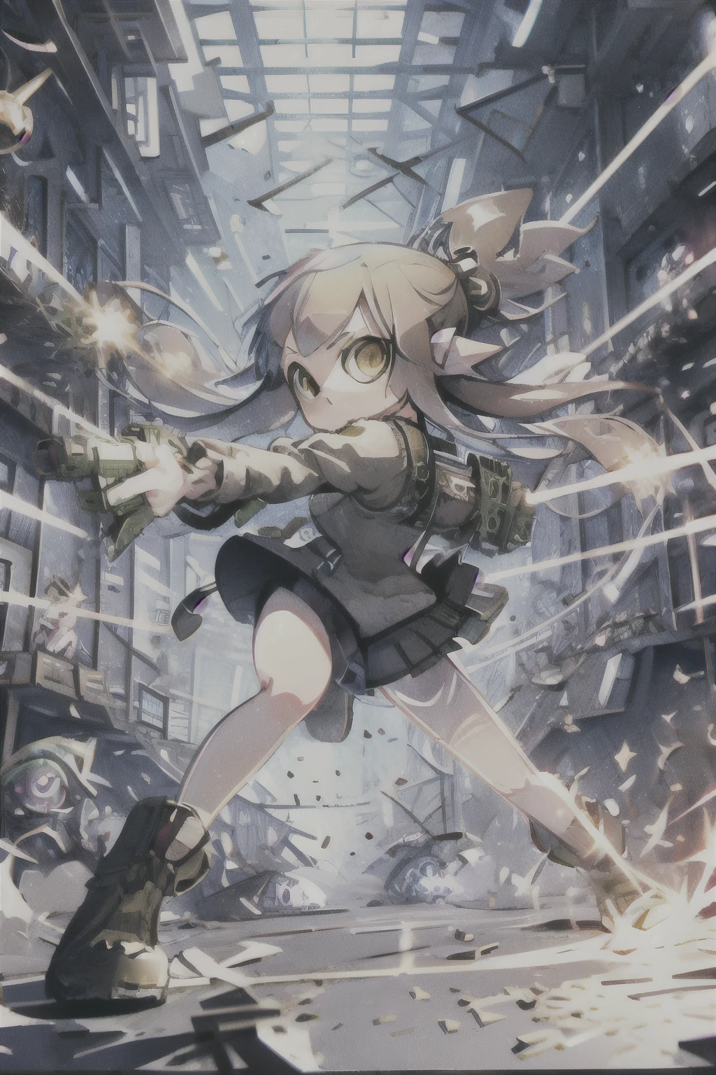 (masterpiece, Highest quality、High resolution), Real Anime、3D、One Splatoon girl,   Golden Eyes、Firing, laser, debris
