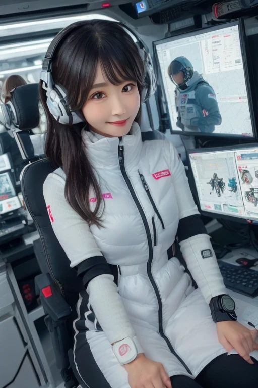 masterpiece, Highest quality, Very detailed, 8K Portrait,Japanese Android Girl,plump , Control panel,Robotic arms and legs, Blunt bangs,,break (Metallic Gray, Metallic luster, Mirror finish, Astro Best):5,headphone:5,break (Black sleeves):100,Smart Watches,Futuristic space station,Control Room,break headphone,blue eyes,(Black Hair):2,(Long Hair):1.3,Displaying the viewer,(respirator),break blush:3,Hidden Hand,smile