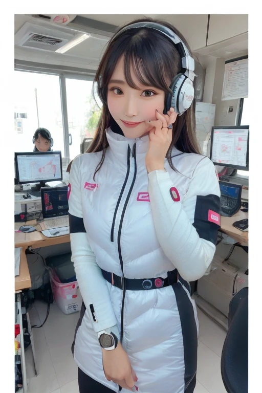 masterpiece, Highest quality, Very detailed, 8K Portrait,Japanese Android Girl,plump , Control panel,Robotic arms and legs, Blunt bangs,,break (Metallic Gray, Metallic luster, Mirror finish, Astro Best):5,headphone:5,break (Black sleeves):100,Smart Watches,Futuristic space station,Control Room,break headphone,blue eyes,(Black Hair):2,(Long Hair):1.3,Displaying the viewer,(respirator),break blush:3,Hidden Hand,smile