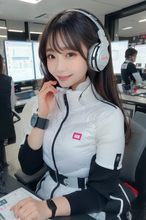 masterpiece, Highest quality, Very detailed, 8K Portrait,Japanese Android Girl,plump , Control panel,Robotic arms and legs, Blunt bangs,,break (Metallic Gray, Metallic luster, Mirror finish, Astro Best):5,headphone:5,break (Black sleeves):100,Smart Watches,Futuristic space station,Control Room,break headphone,blue eyes,(Black Hair):2,(Long Hair):1.3,Displaying the viewer,(respirator),break blush:3,Hidden Hand,smile