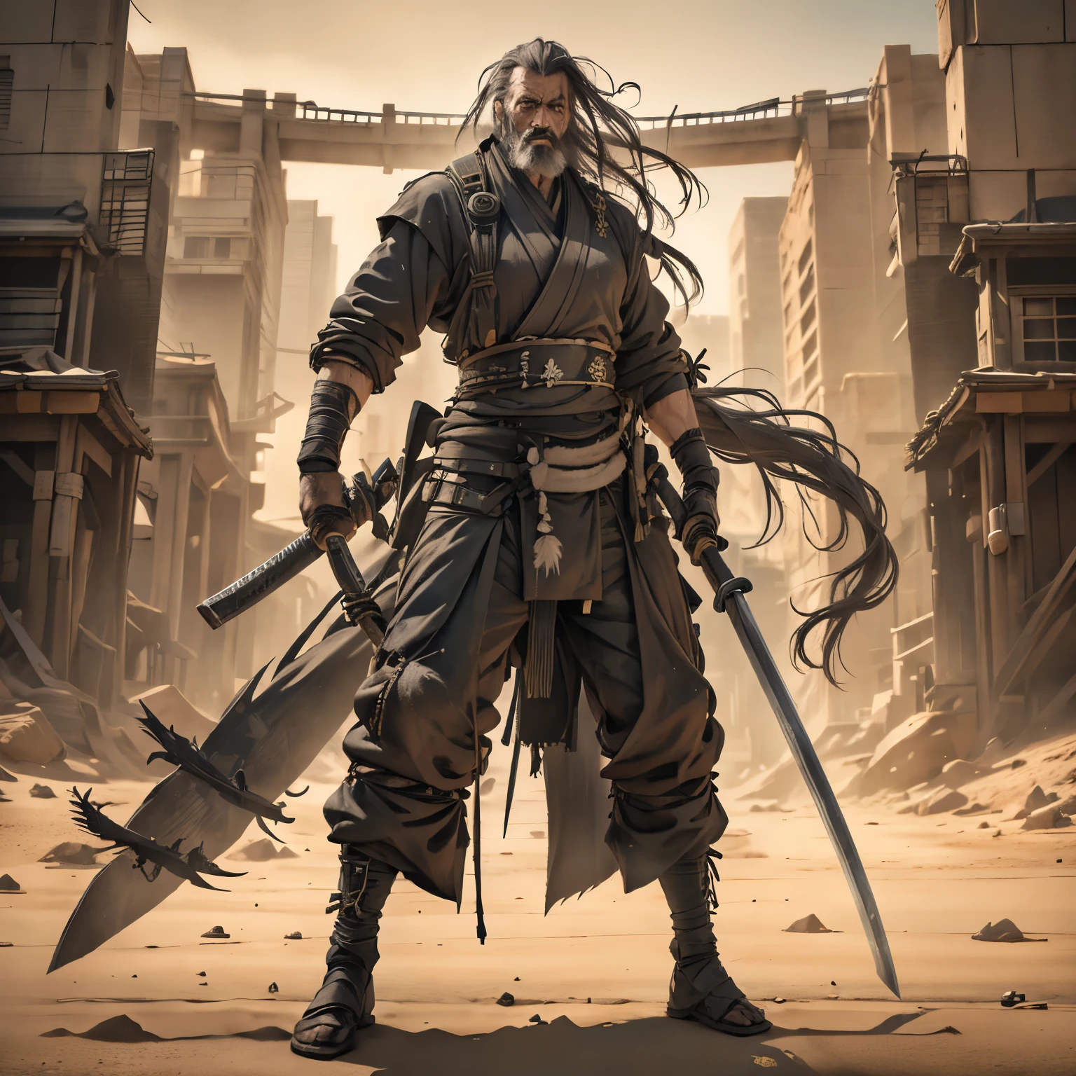 A strong man with long gray hair and gray beard, black and serious eyes, wearing black pants, without a Kimono, poses standing with katana on his waist 