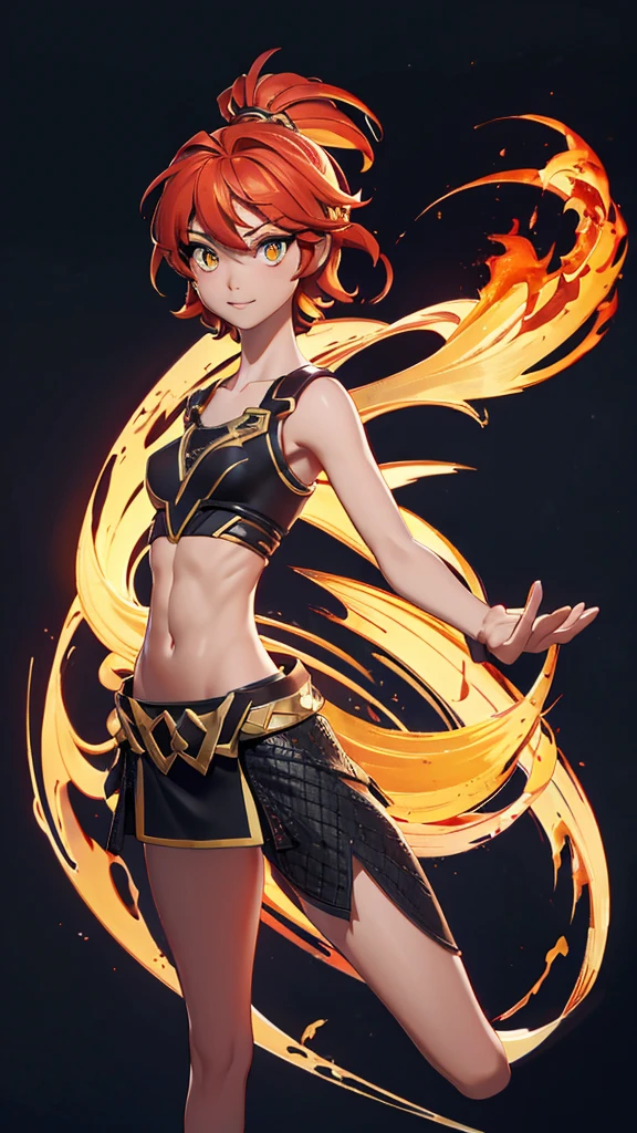 solo, 1girl, (masterpiece), ((16 year old appearance)), fire hair, short hair, ahoje, mohalk hair, small breasts, yellow eyes, ((detailed eyes)), (athletic body), (simple black cropped), Black top with red details, Looking at the screen, orange lipstick, flame effec, visible abs, small mini skirt, navel, (collarbone), (dark forest scenery)