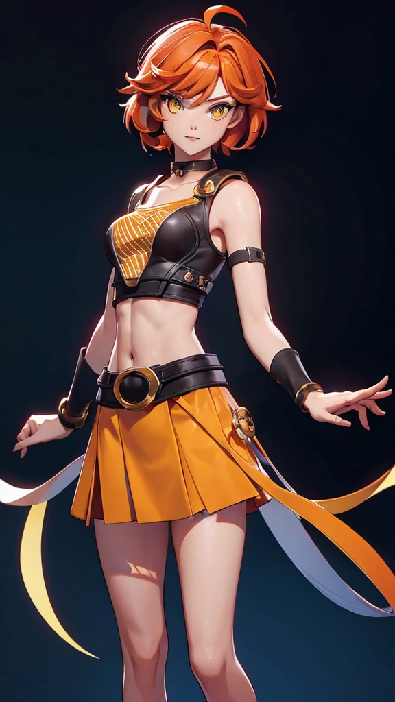 solo, 1girl, (masterpiece), ((16 year old appearance)), fire hair, short hair, ahoje, mohalk hair, small breasts, yellow eyes, ((detailed eyes)), (athletic body), (simple black cropped), Black top with red details, Looking at the screen, orange lipstick, flame effec, visible abs, small mini skirt, navel, (collarbone), (dark forest scenery)