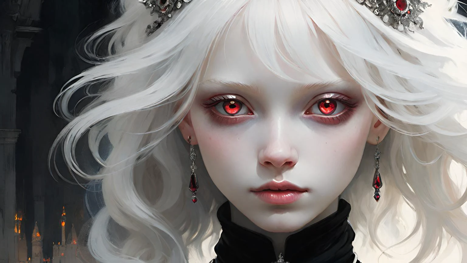 there is a woman with white hair and red eyes wearing a tiable, with glowing red eyes, artwork in the style of guweiz, luminous red eyes, with red glowing eyes, cute face. dark fantasy, gothic princess portrait, girl with white eyes, gothic fantasy art, gothic girl face, with red eyes, vampire portrait, wlop art, glowing red eyes