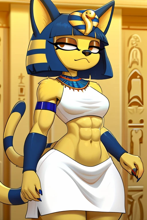 ((best quality)), ((masterpiece)), (detailed), perfect face, a digital artwork of a sexy Ankha with abs wearing a crop top of her white sleeveless dress outfit with white long skirt, a bare midriff and a bare navel, Egyptian setting, smug face, furry style, furry, anthro style