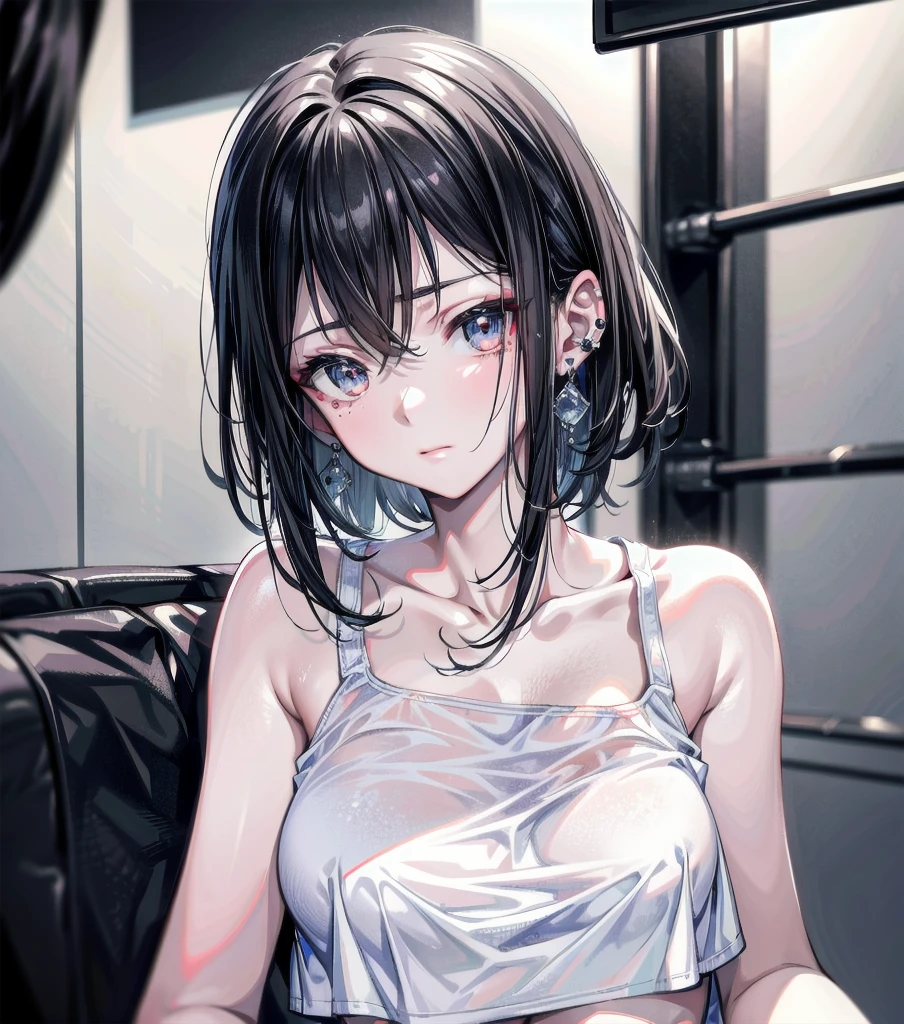RAW photo, extremely delicate and beautiful, masterpiece, Best Quality, ultra high resolution, 16k, hyperrealistic, realistic, photorealistic, photo-realistic, ultra-detailed, detailed description, pale skin, in her 20s, very Slim body, narrow waist, very small head, very small face, delicate facial features, (full body), ((big tits)), medium hair, black hair, tearful mole, earring, t-shirt, tank top, Hot Pants,