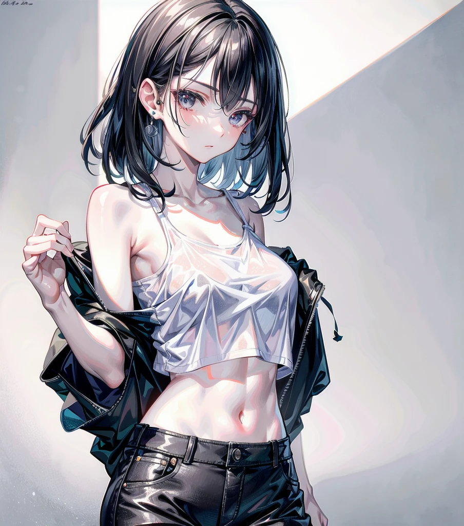 RAW photo, extremely delicate and beautiful, masterpiece, Best Quality, ultra high resolution, 16k, hyperrealistic, realistic, photorealistic, photo-realistic, ultra-detailed, detailed description, pale skin, in her 20s, very Slim body, narrow waist, very small head, very small face, delicate facial features, (full body), ((big tits)), medium hair, black hair, tearful mole, earring, t-shirt, tank top, Hot Pants,