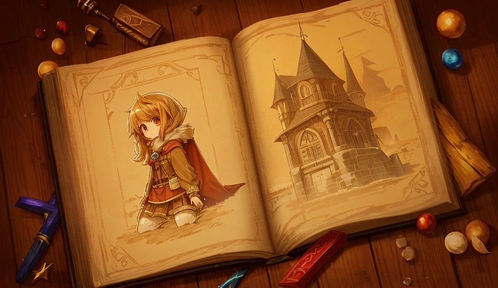 digital painting, a book, магическая a book, Sketch Beech, a book разработчика, милая a book, игровая a book, a book из игры, a book с наработками, магическая a book, mmorpg, Warm colors, cute style, medieval game, glowing effects in the background, glow effects, colorful, No characters, no characters, cute style, anime style
