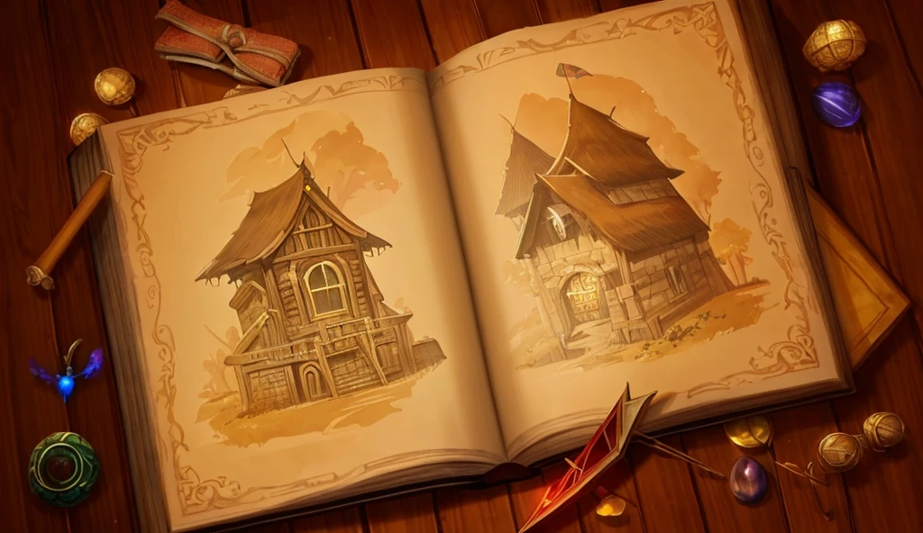 digital painting, a book, магическая a book, Sketch Beech, a book разработчика, милая a book, игровая a book, a book из игры, a book с наработками, магическая a book, mmorpg, Warm colors, cute style, medieval game, glowing effects in the background, glow effects, colorful, No characters, no characters, cute style, anime style