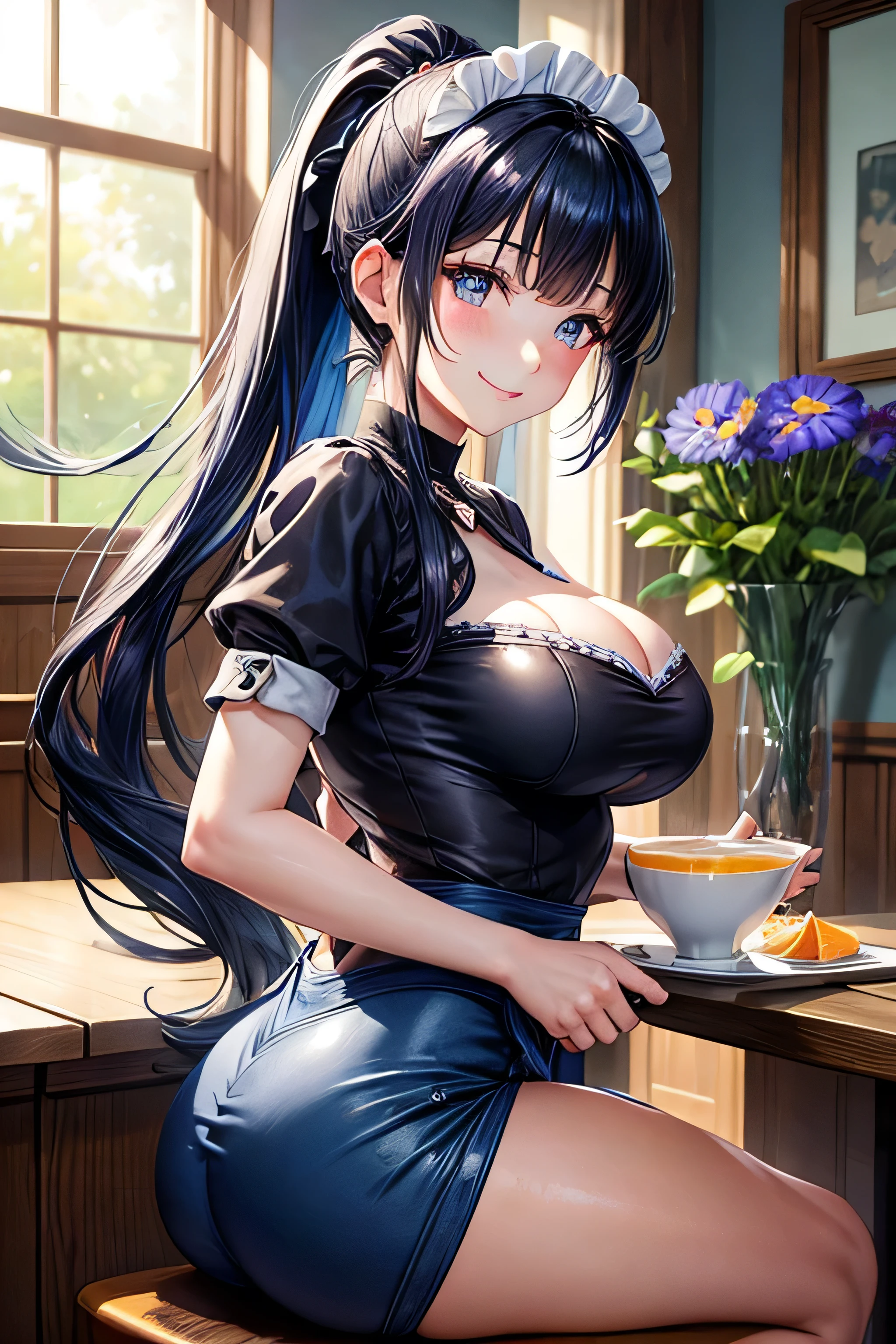 High resolution, high quality, One girl, Anime Girls, dark blue hair,ponytail,long hair,blunt bangs, dark blue eyes,heart shaped pupils,[[pale skin]],Glowing Skin, Super ,beautiful breasts,poiasts,(Big Ass),itress,Soft cm,Shortcake,pancake,parfait,Banana smoothie,orange juice,Sit on a chair,smile,at flower garden,morning glory,