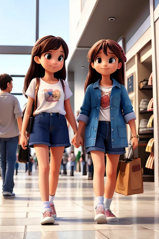 create a non-realistic drawing of two friends walking in the mall