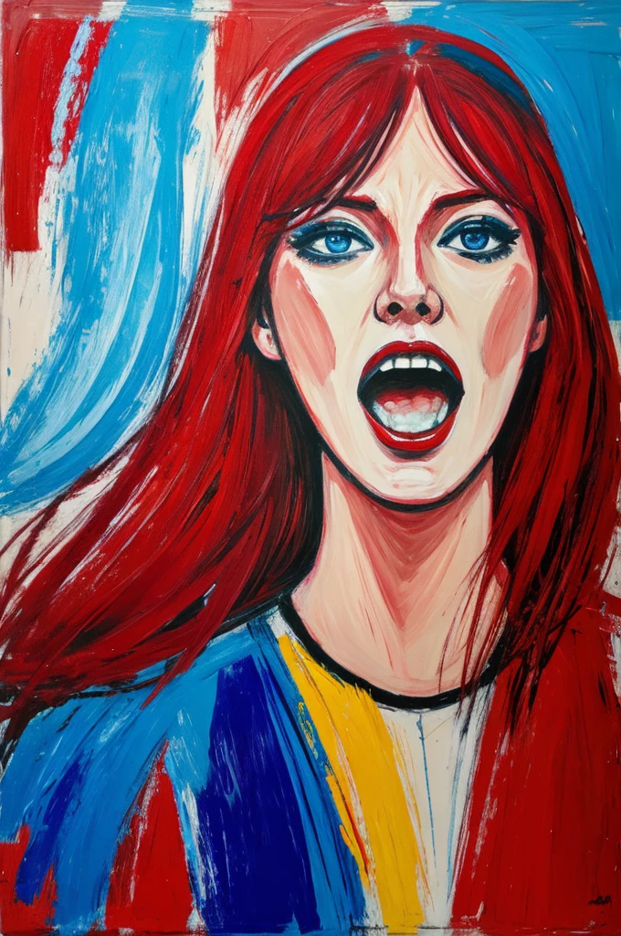 artbrut portrait of screaming woman red hair blue complexion acrylic painting expressionist style 
