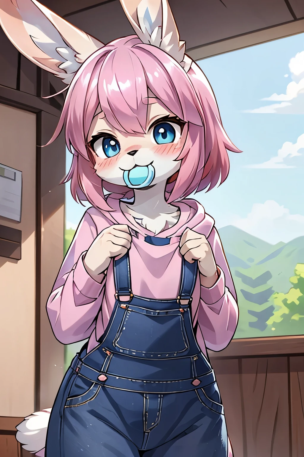 small bunny girl, big bunny ears, blush, pink fur, blue eyes, pink hair, medium hair, (pink pacifier:1), blue hoodie, purple overalls