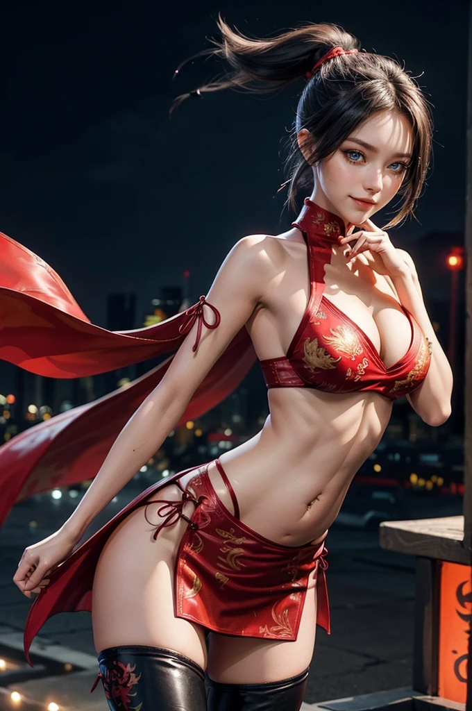 (RAW photo, best quality), Cute girl with short black hair, (ponytail), (city roof at night background), low light , dark eyeliner, happy smile, gorgeous face , super cute, 18 years old , young looking, hyper detailed face, dark eyeliner, (medium breast), (thin waist, super slender), (bare shoulders, (exposed hips), skintight and red PVC qipao china dress with yellow dragon decoration and vivid patterns, deep black leather thigh high boots, red PVC arm sleeves with yellow flower decorations and vivid patterns, cleavage, ((both hands on waist)), one leg in front of the other, (((navel piercing))), (((exposed belly button)))