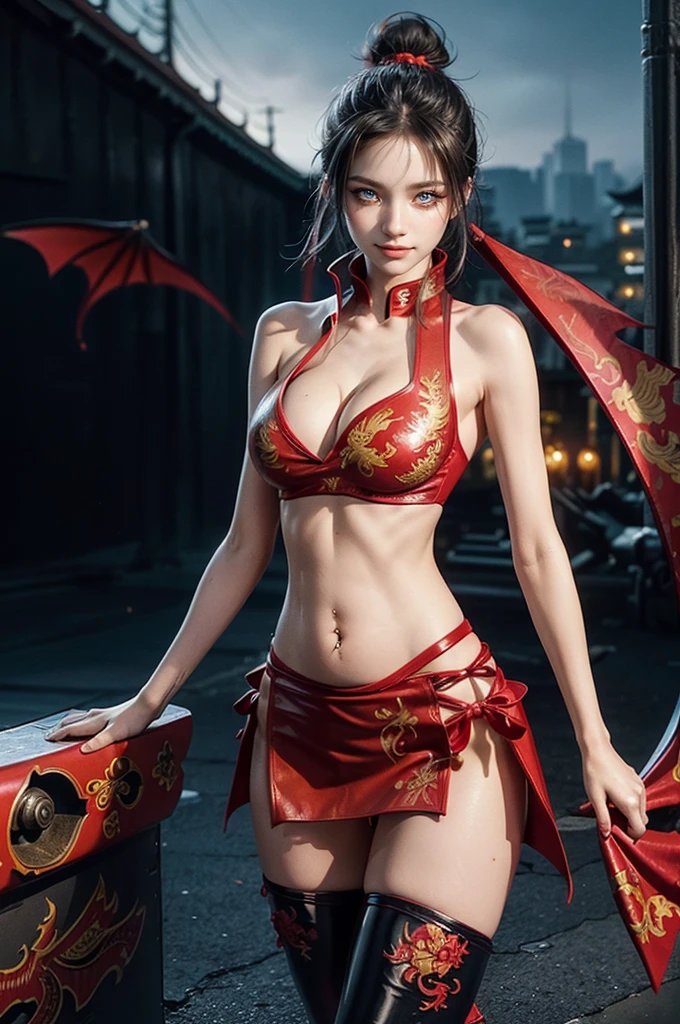 (RAW photo, best quality), Cute girl with short black hair, (ponytail), (city roof at night background), low light , dark eyeliner, happy smile, gorgeous face , super cute, 18 years old , young looking, hyper detailed face, dark eyeliner, (medium breast), (thin waist, super slender), (bare shoulders, (exposed hips), skintight and red PVC qipao china dress with yellow dragon decoration and vivid patterns, deep black leather thigh high boots, red PVC arm sleeves with yellow flower decorations and vivid patterns, cleavage, ((both hands on waist)), one leg in front of the other, (((navel piercing))), (((exposed belly button)))