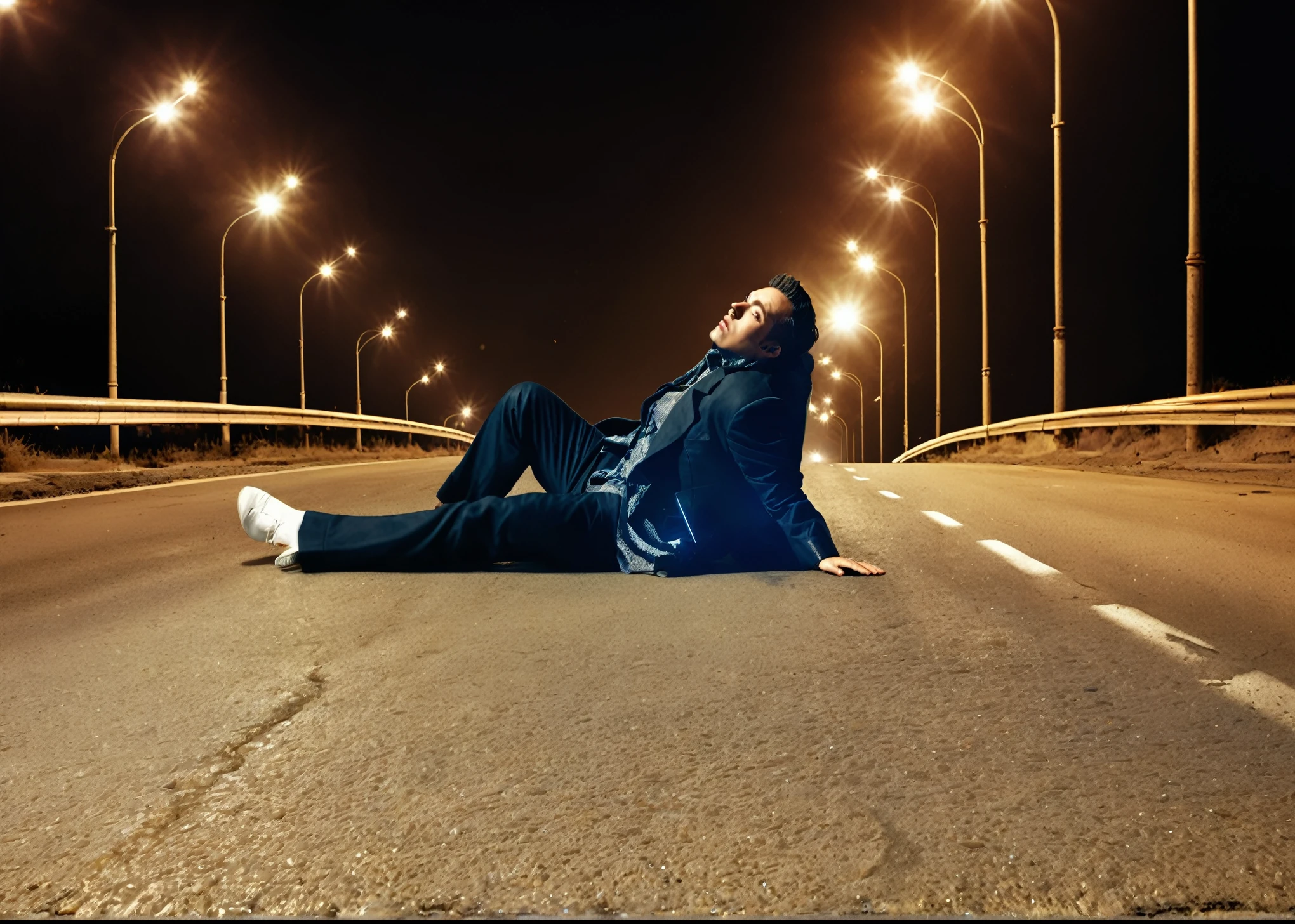 a man lies on the road at night, Lowering his head, bright light masterpiece, lying on the ground, on concrete ground, artistic interpretation, digital photography, advertising photo, taken at night, Marketing photo, During the night, Photo portrait, portrait shot, edited, wide portrait, lying on the ground, masterpiece of art