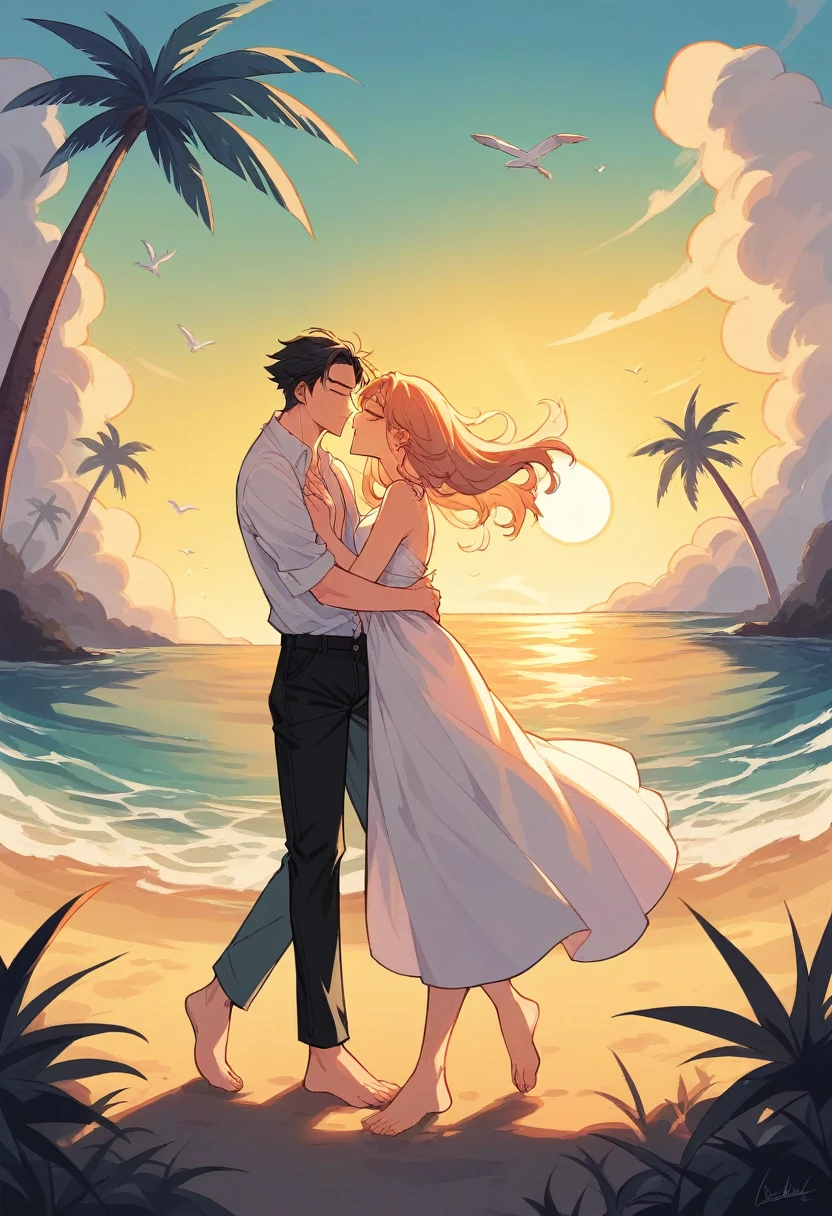 First Image: A romantic beach scene featuring a young couple dancing at sunset. The man, dressed in a casual, modern style with a buttoned shirt and black pants, dances barefoot with a woman wearing an elegant, flowing dress that transitions from dark to light shades, embodying a peach sunset. The setting includes a palm tree, the setting sun, and seagulls, capturing a tropical and serene atmosphere.